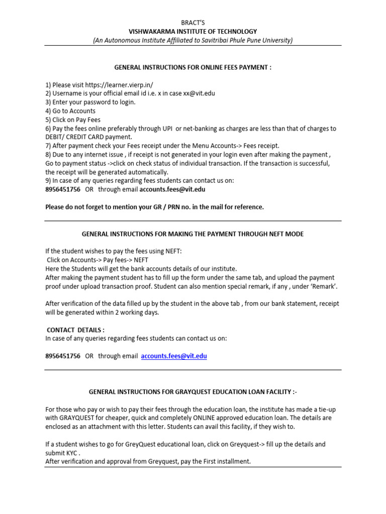 General Instructions For Online Fees Payment - 2025-26 - Regular ...
