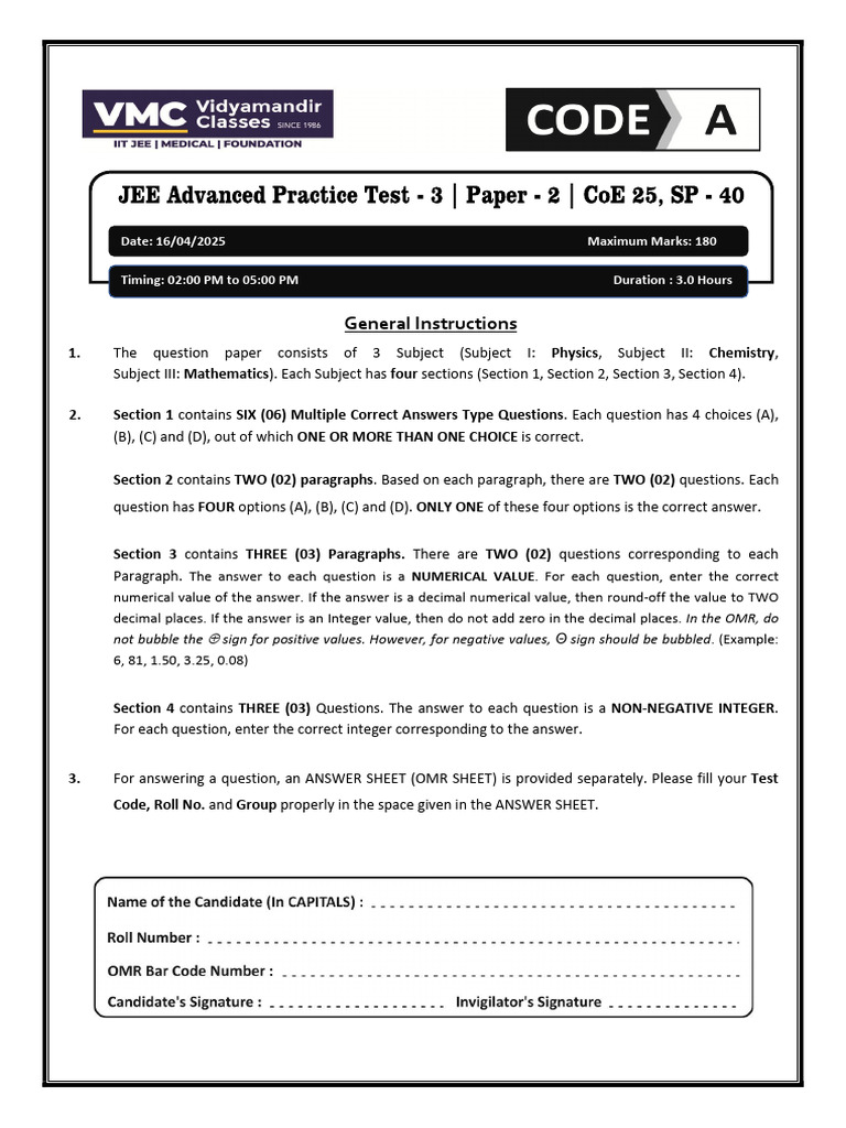 CoE_25,_SP-40__JEE_Advanced_Practice_Test-3_Paper-2[1] | PDF ...