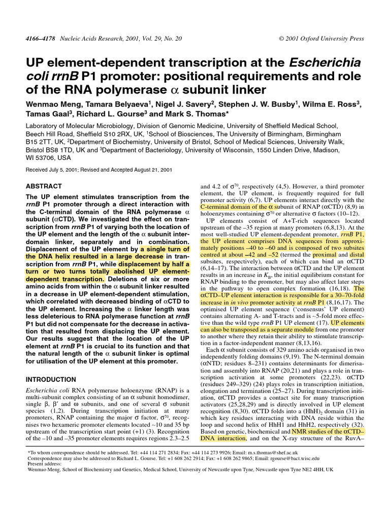 UP Element Location NAR 2001 | PDF | Promoter (Genetics) | Nucleic Acids