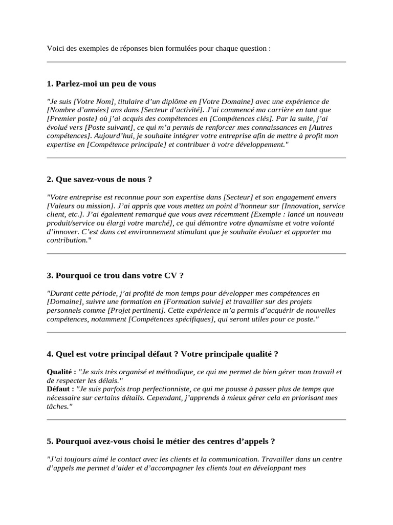 Exemples de réponses d'entretien efficaces | PDF | Centre d'appel ...