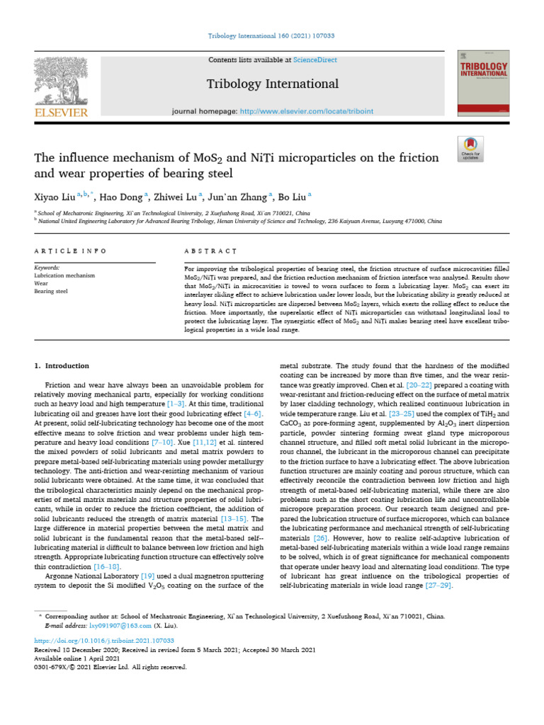 The Influence Mechanism of MoS2 and NiTi Microparticles On The Friction ...