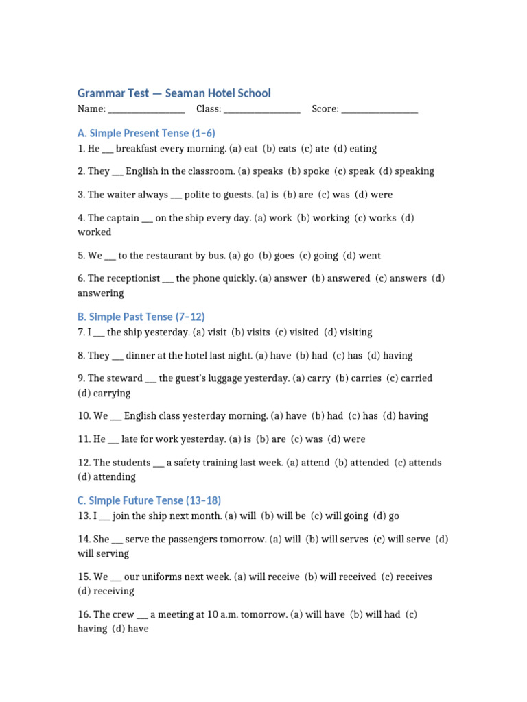 Seaman Hotel School Grammar Test | PDF | Chess | Chess Theory