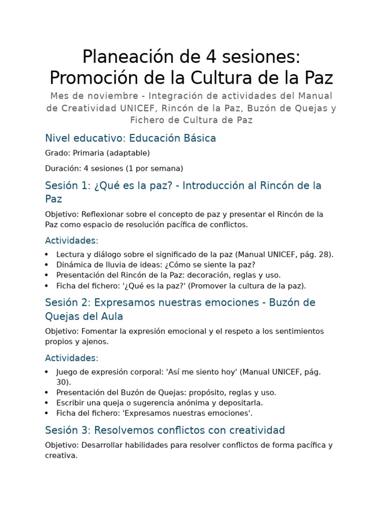 Plan de Sesiones para la Cultura de Paz | PDF