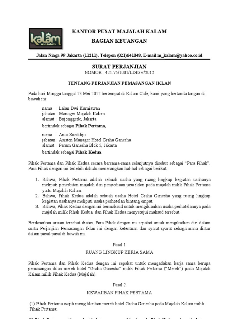 Contoh Surat Kontrak Talent Iklan