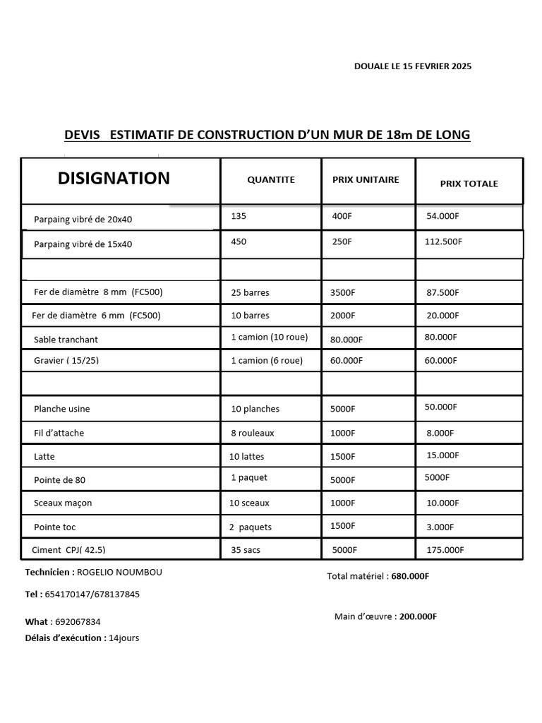Devis pour construction d'un mur de 18m | PDF