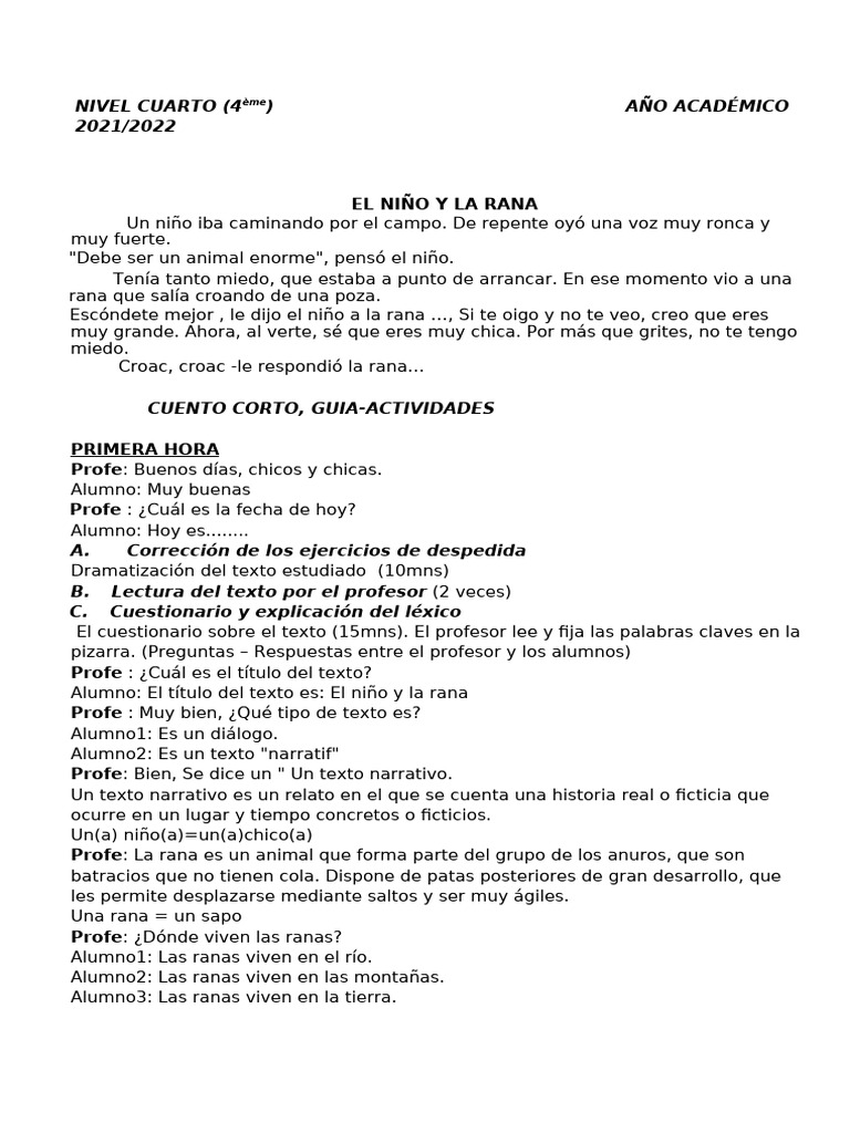 Primera Hora Del Texto Rana y Niño | PDF | Rana | Verbo