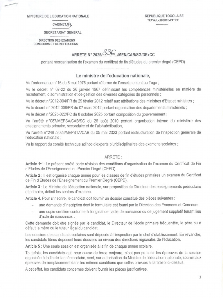 Arrete Portant Reorganisation Du Cepd | PDF