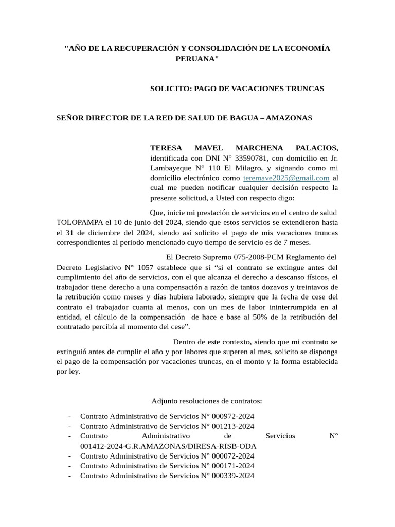 Solicitud Vacaciones Truncas Teresa | PDF | Justicia | Crimen y violencia