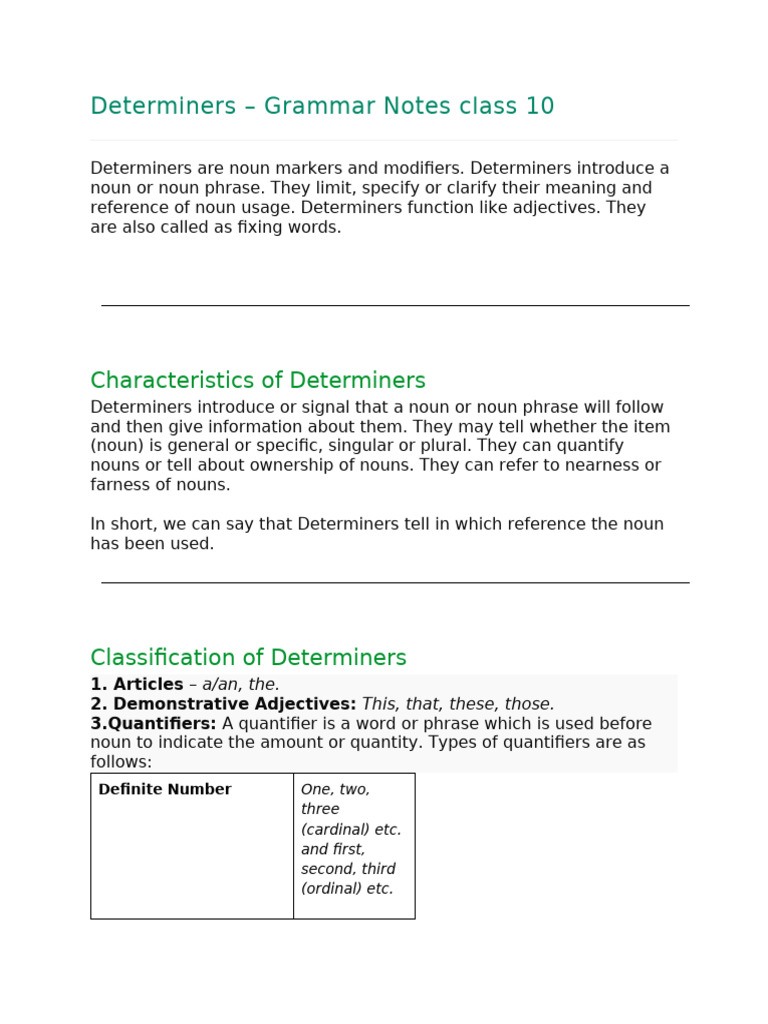 Understanding Determiners in Grammar | PDF | Grammatical Number ...