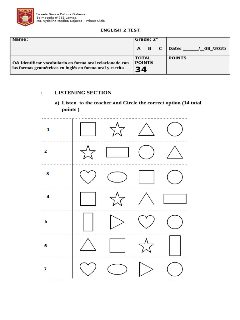 Test de Vocabulario de Formas Geométricas | PDF