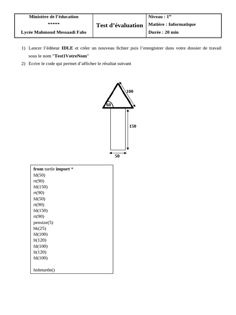 Test d'évaluation en informatique 1er niveau | PDF
