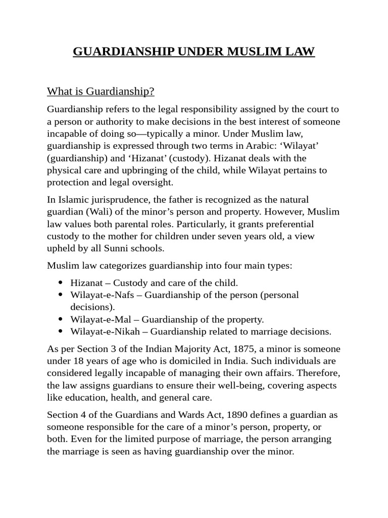 Guardianship Under Muslim Law | PDF | Legal Guardian | Child Custody