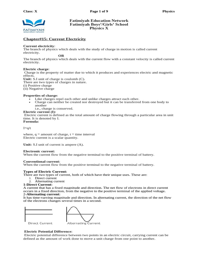 Current Electricity Concepts for Class X | PDF | Electric Current ...
