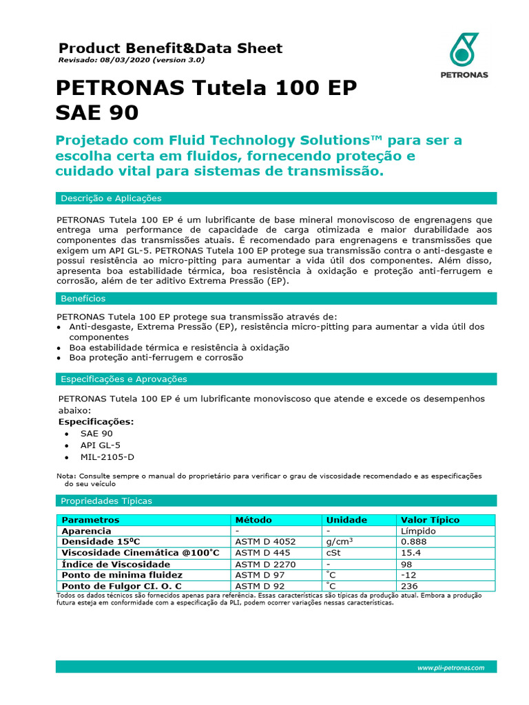 Lubrificante PETRONAS Tutela 100 EP SAE 90 | PDF | Mecânica de ...