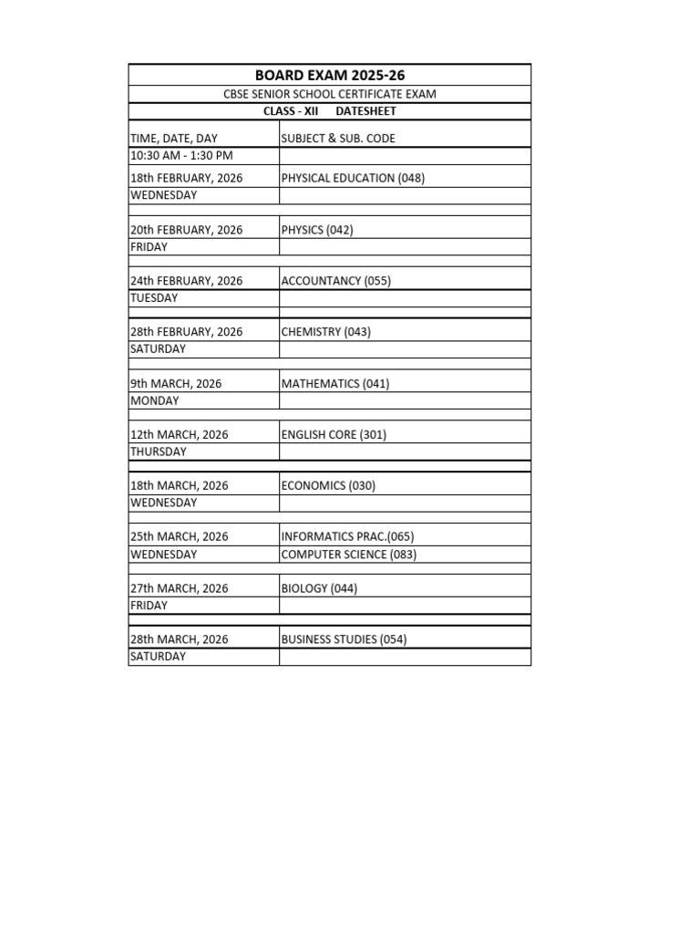 CBSE Class XII 2025-26 Exam Datesheet | PDF