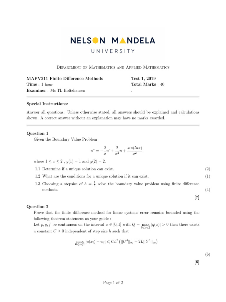 Finite Difference Methods Exam 2019 | PDF | Finite Difference ...