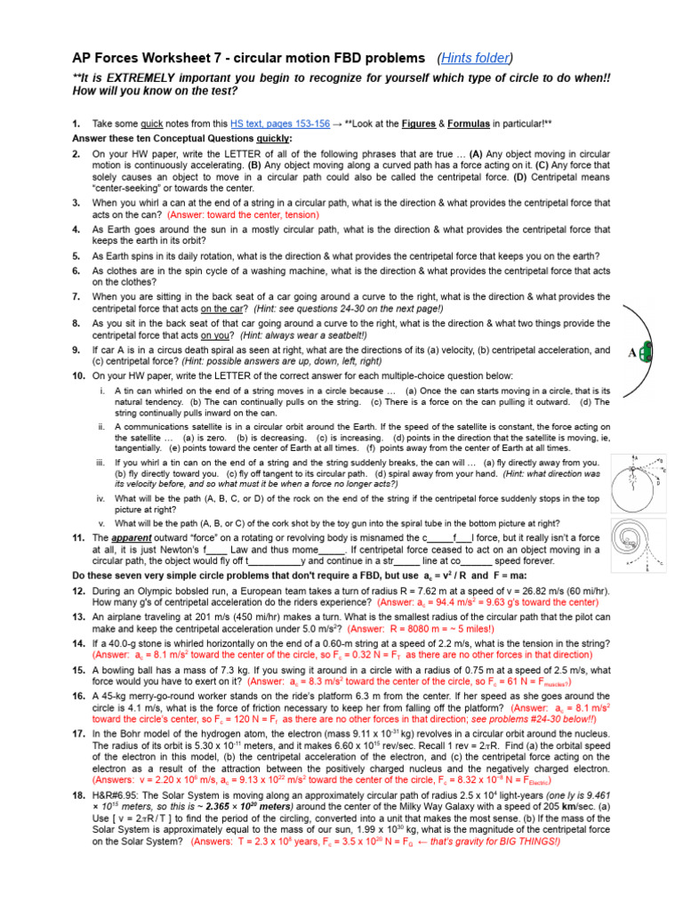 AP Forces Worksheet 7 - Circular Motion FBD Problems | PDF | Force ...