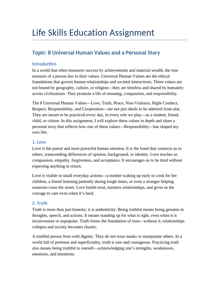 Life Skills Universal Values Assignment | PDF | Love | Peace
