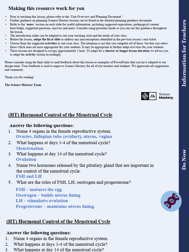Teacher Guide: Menstrual Cycle Lessons | PDF | Menstrual Cycle ...