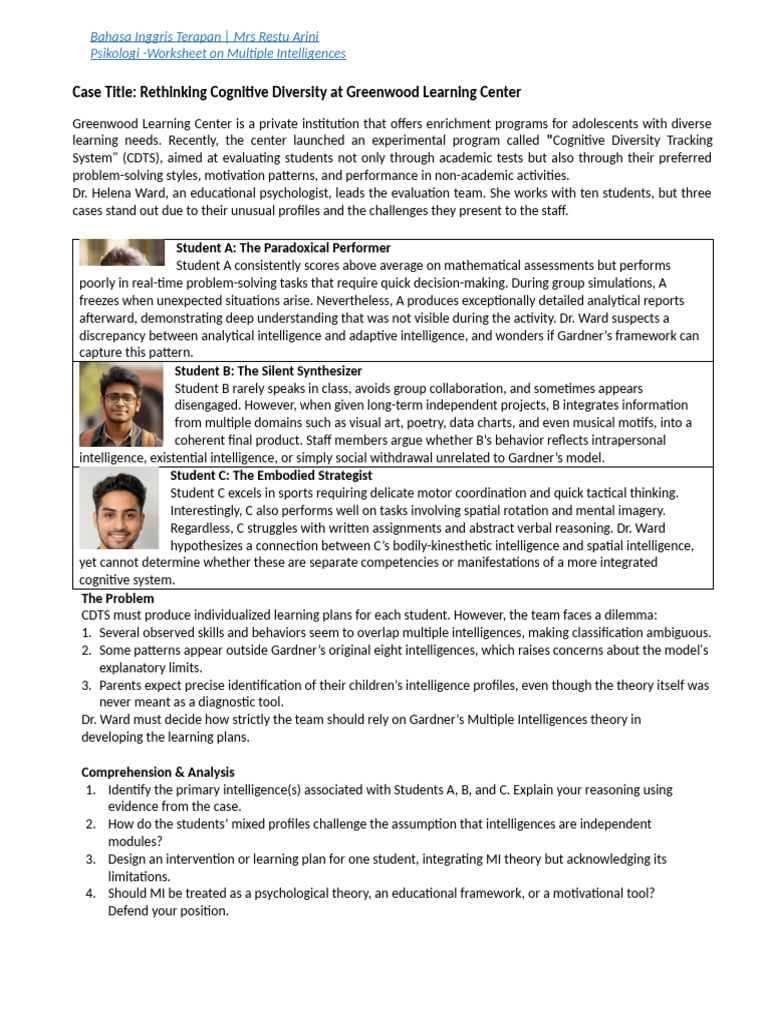 PSI - Worksheet Multiple Intelligences in An Educational Intervention ...