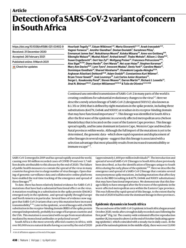 Tegally Et Al. - 2021 - Detection of A SARS-CoV-2 Variant of Concern in ...