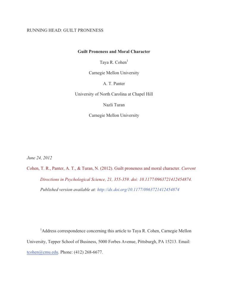 Guilt Proneness and Ethical Behavior | PDF | Guilt (Emotion) | Shame