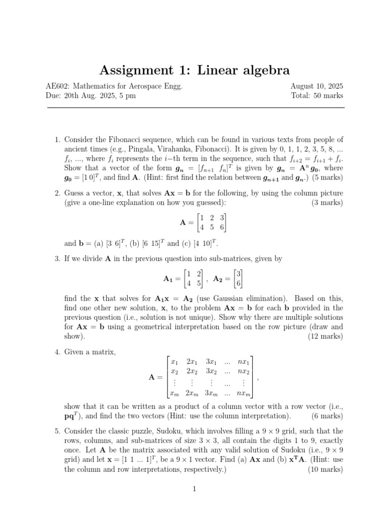 Linear Algebra Assignment for AE602 | PDF | Matrix (Mathematics ...