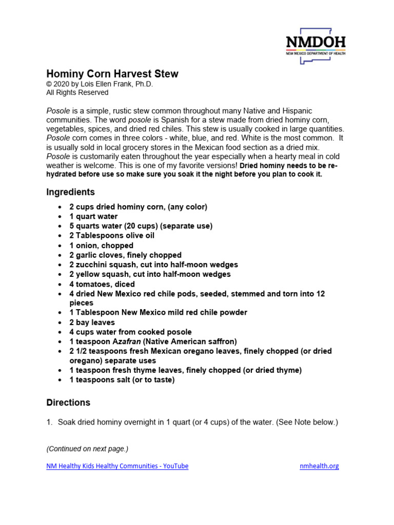04 +Recipe+Session+Four+-+Hominy+Harvest+Stew | PDF | Cuisine | Foods