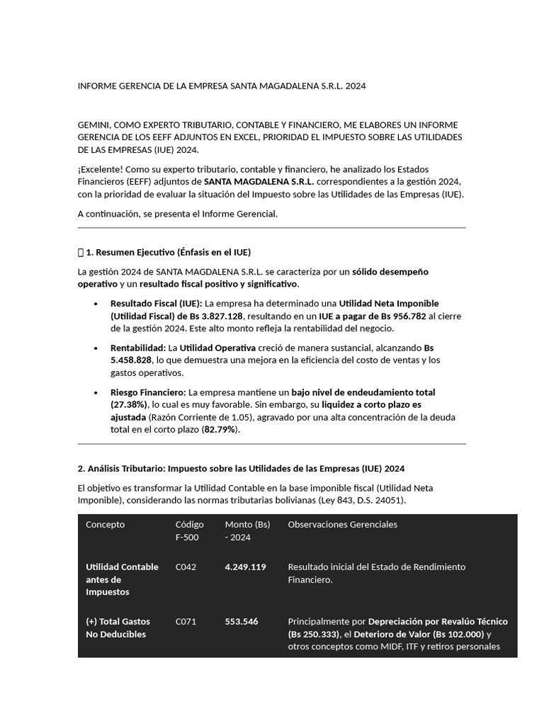 Informe Gerencial IUE 2024 Santa Magdalena S.R.L. | PDF | Contabilidad ...