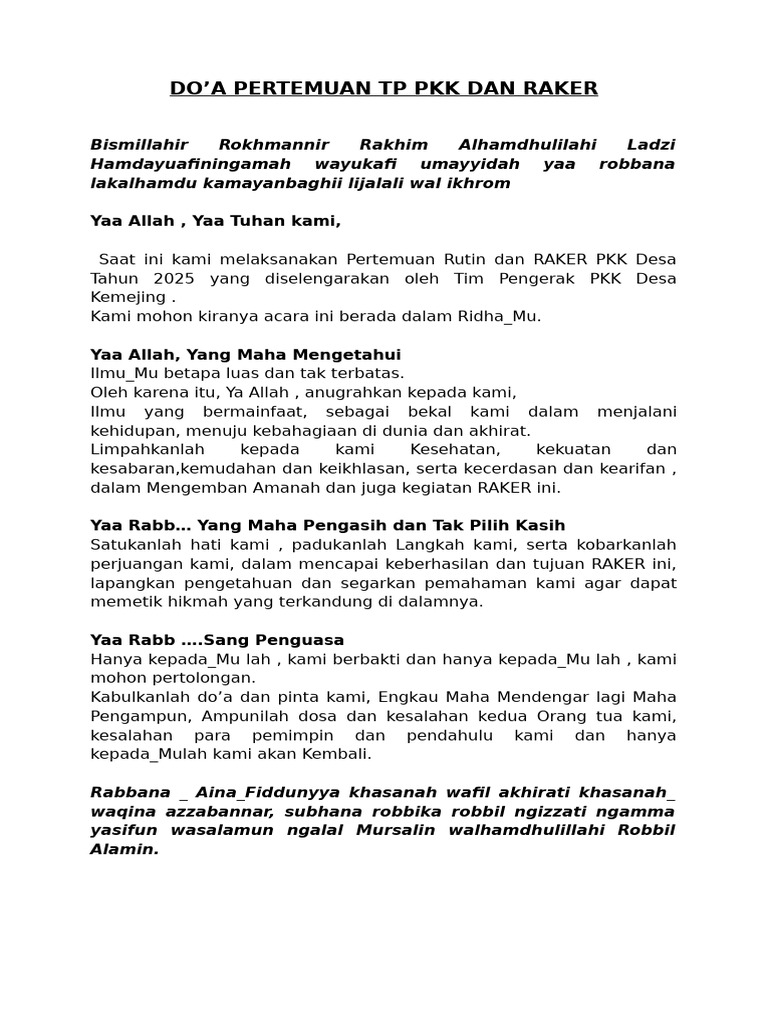 Do'a Pertemuan PKK Dan Raker | PDF