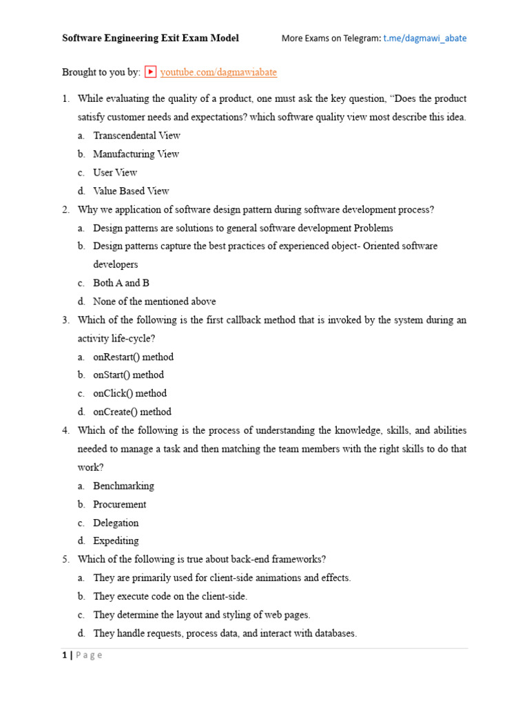 Software Engineering Exit Exam Model | PDF | Class (Computer ...