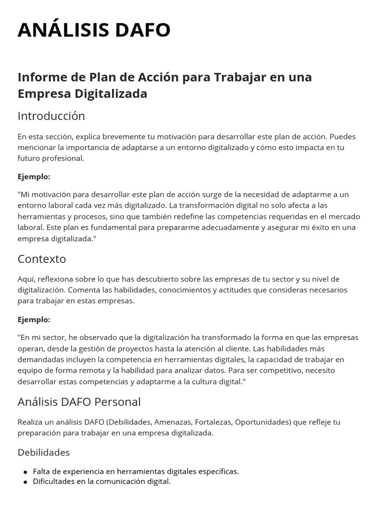 Plan de Acción para Empresas Digitalizadas | PDF | Análisis FODA | Business