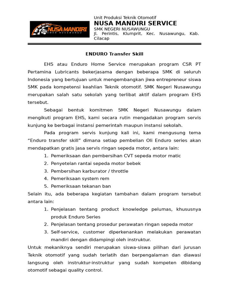 Program Enduro Transfer Skill SMK Nusawungu | PDF