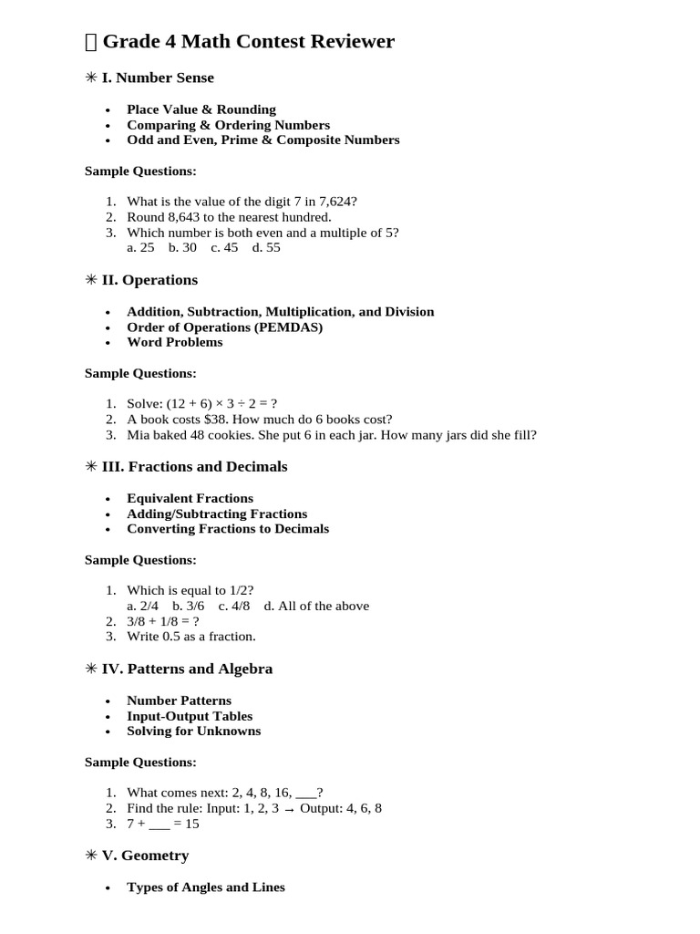? Grade 4 Math Contest Reviewer | PDF | Numbers | Rounding