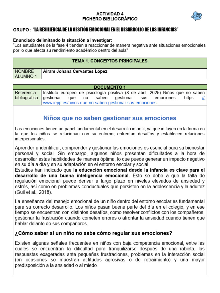 Resiliencia y Gestión Emocional Infantil | PDF | Las emociones ...