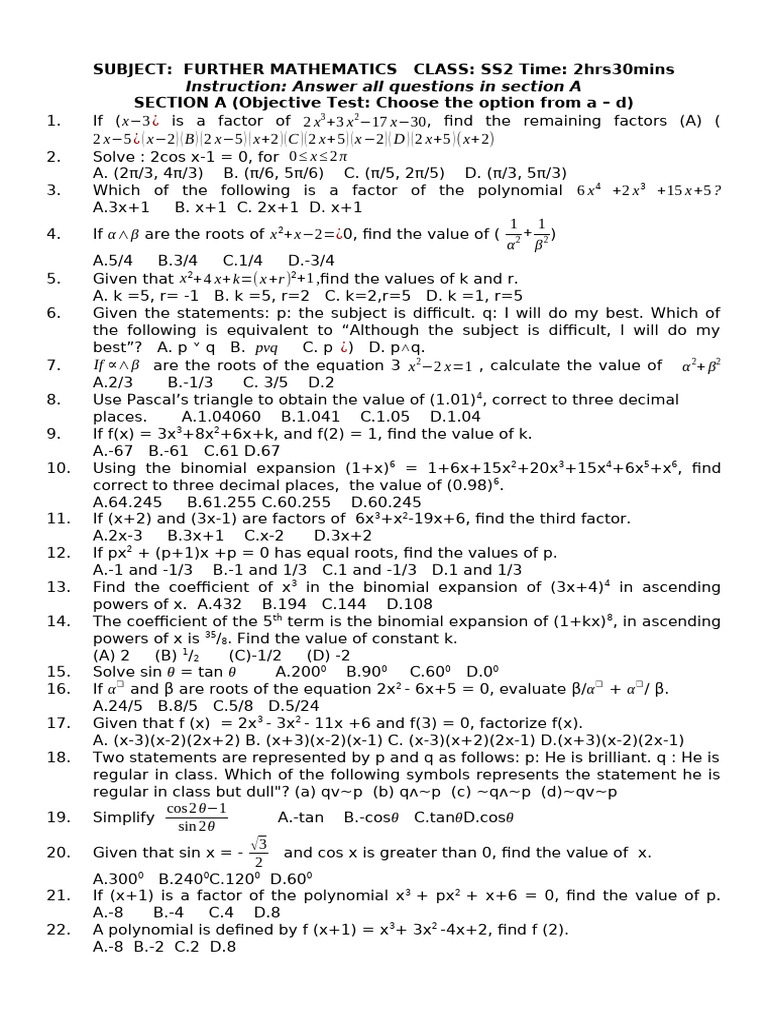 Hilltop Further Maths Ss2 | PDF | Polynomial | Mathematical Objects