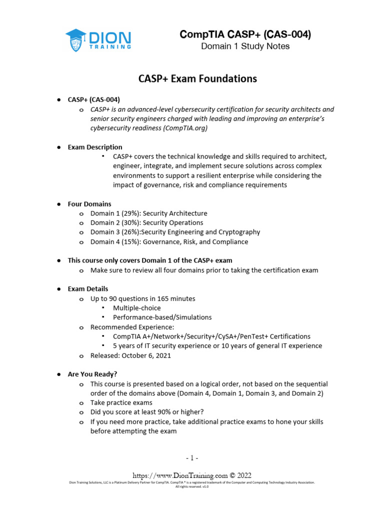 Study Notes CASP CAS 004 Security Architecture Domain 1 PDF | PDF ...