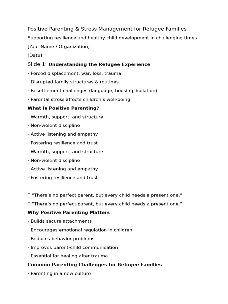 Positive Parenting for Refugee Families | PDF | Parenting ...