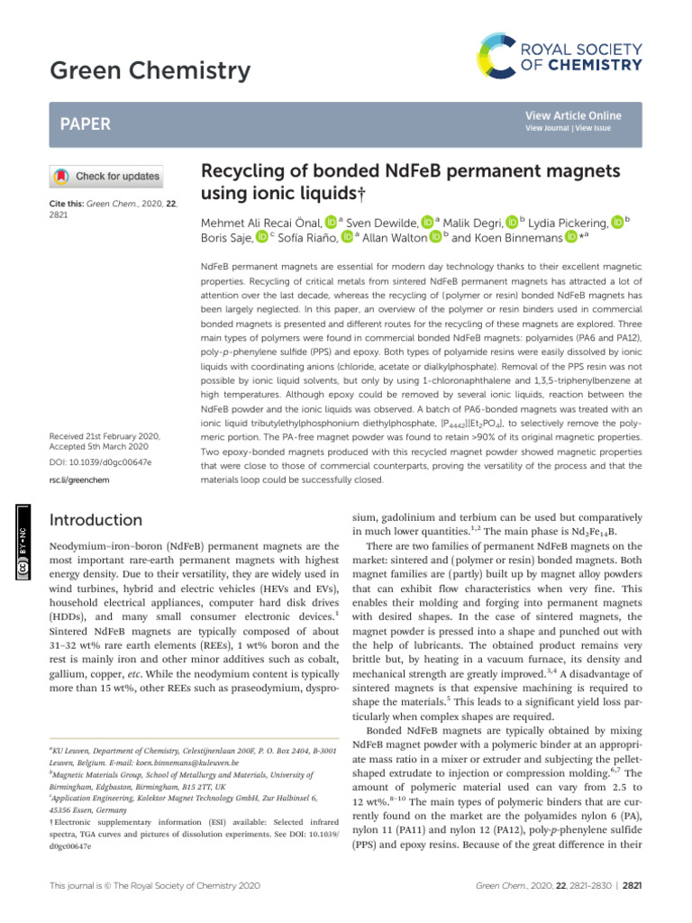 Green Chemistry: Recycling of Bonded Ndfeb Permanent Magnets Using ...