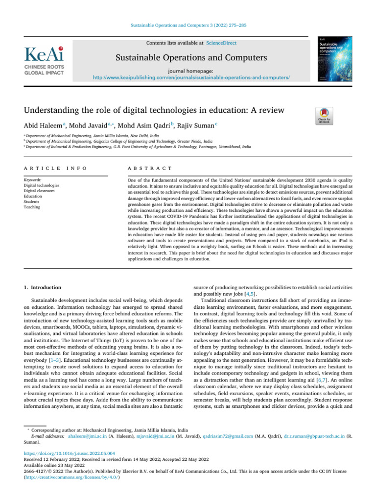 Understanding The Role of Digital Technologies in Education, A Review ...