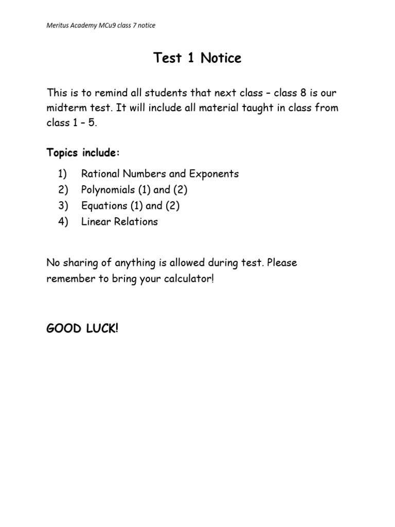 Class 7 Midterm Test Notice | PDF