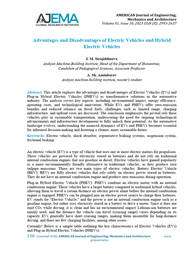 Advantages and Disadvantages of Electric Vehicles and Hybrid Electric ...