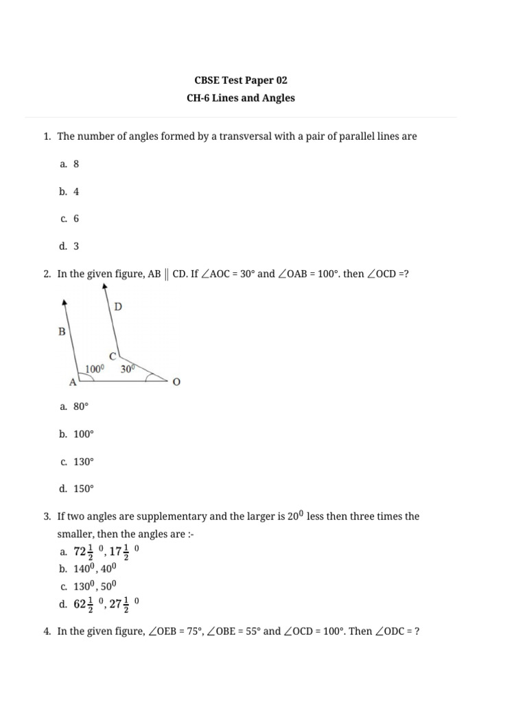 CBSE Class 9 Lines and Angles Test Paper | PDF