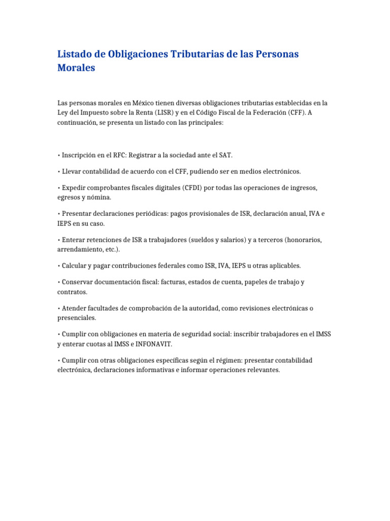 Obligaciones Tributarias Personas Morales | PDF