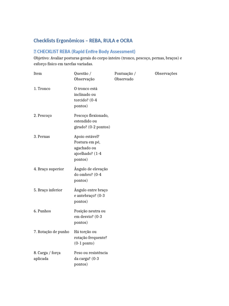Checklists Ergonômicos: REBA, RULA e OCRA | PDF