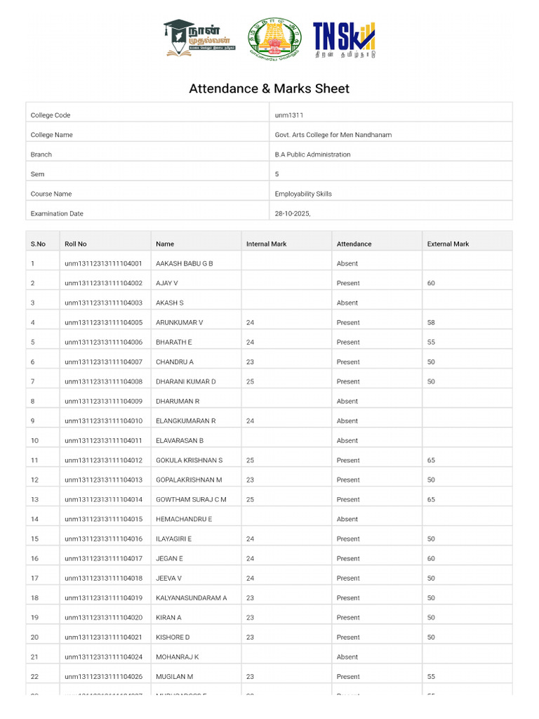 Attendance Marks Sheet | PDF