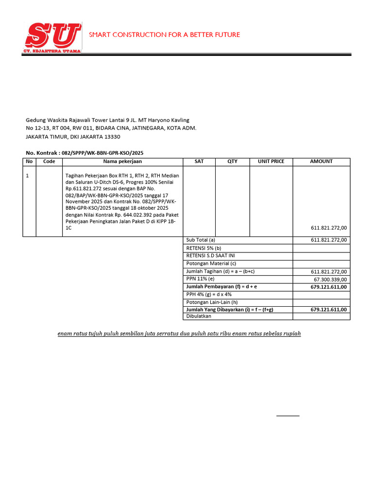 Invoice Proyek Konstruksi CV Sejahtera Utama | PDF