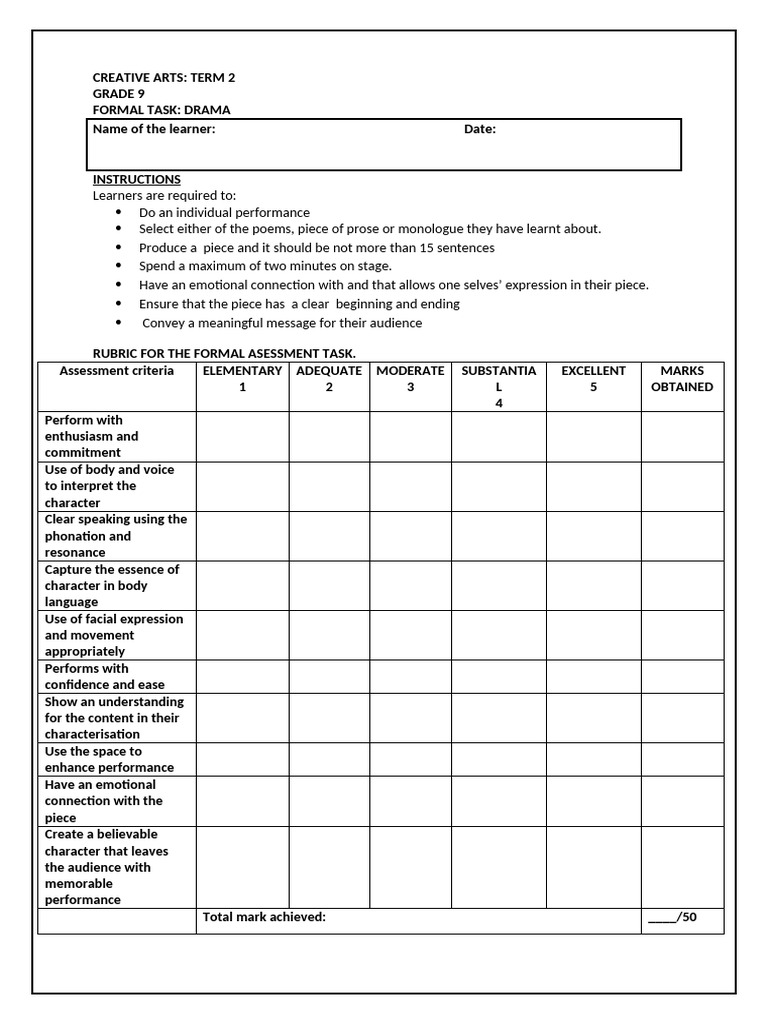 Grade 9 Drama Performance Guidelines | PDF