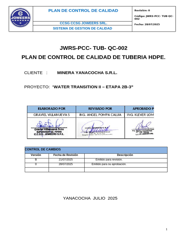 Plan de Control de Calidad HDPE | PDF | Calidad (comercial) | Sistema ...