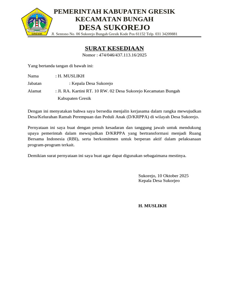 Surat Kesediaan Kerjasama D/KRPPA Gresik | PDF